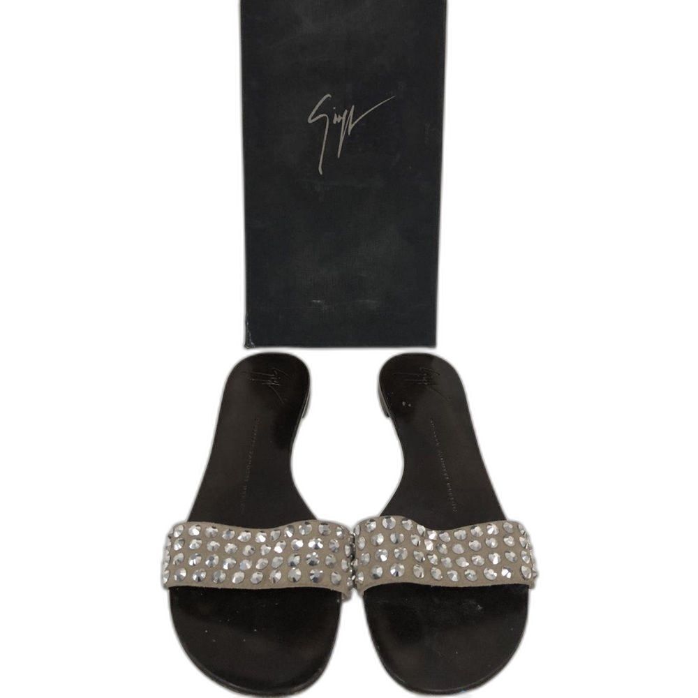 Giuseppe Zanotti Crystal Rhinestone Flat Slide Sandals Beige Suede EU37 6.5